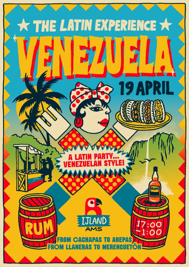 Flyer for 'The Latin Experience: Venezuela,' a Latin Party at IJland Ámsterdam Noord featuring live music, traditional Venezuelan food, dancing, and a photobooth. April 19, 2025, in Amsterdam.